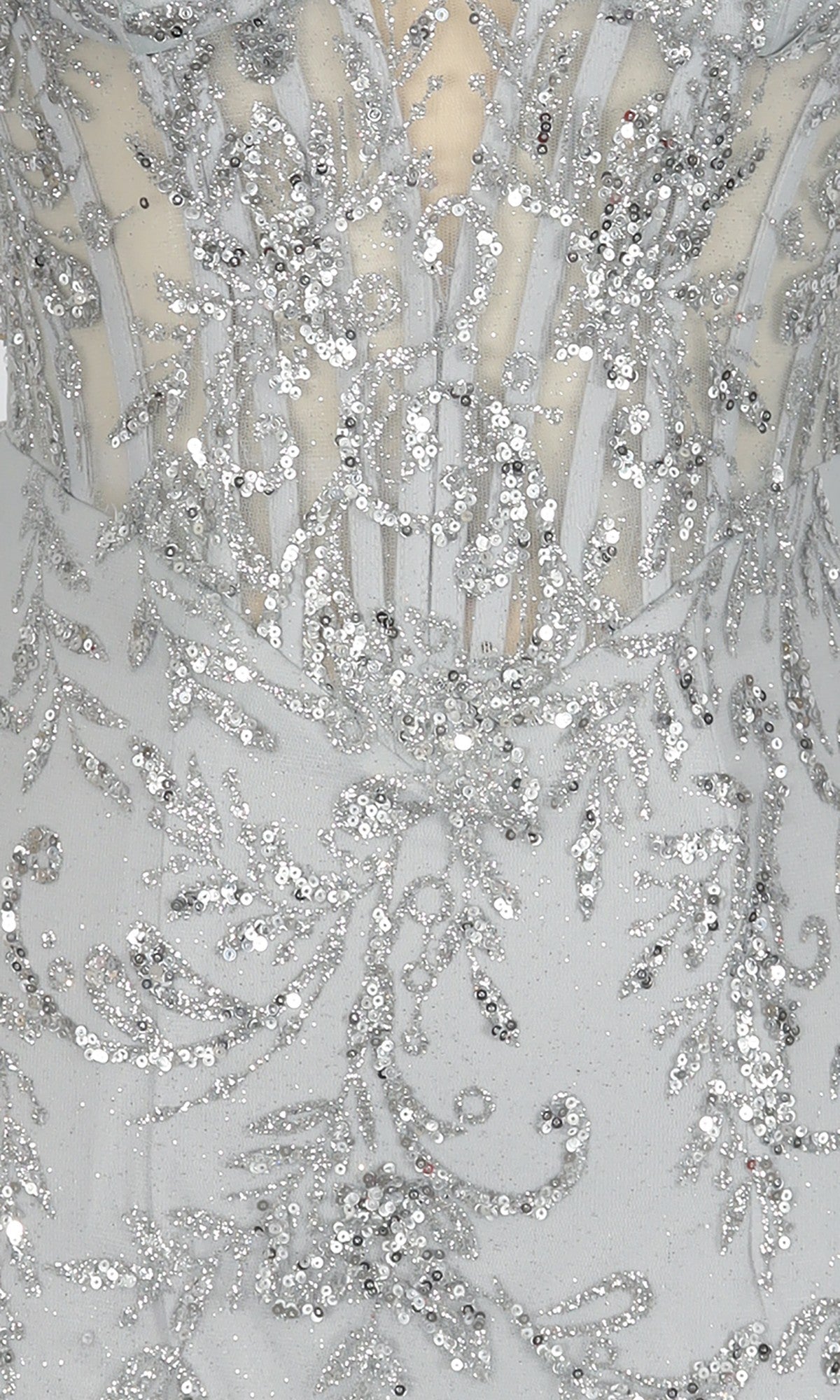 Close-up of the PromGirl Exclusive 250346 short homecoming dress, a light strapless mini with a sheer corset bodice and silver sequin and bead floral vine embellishments.